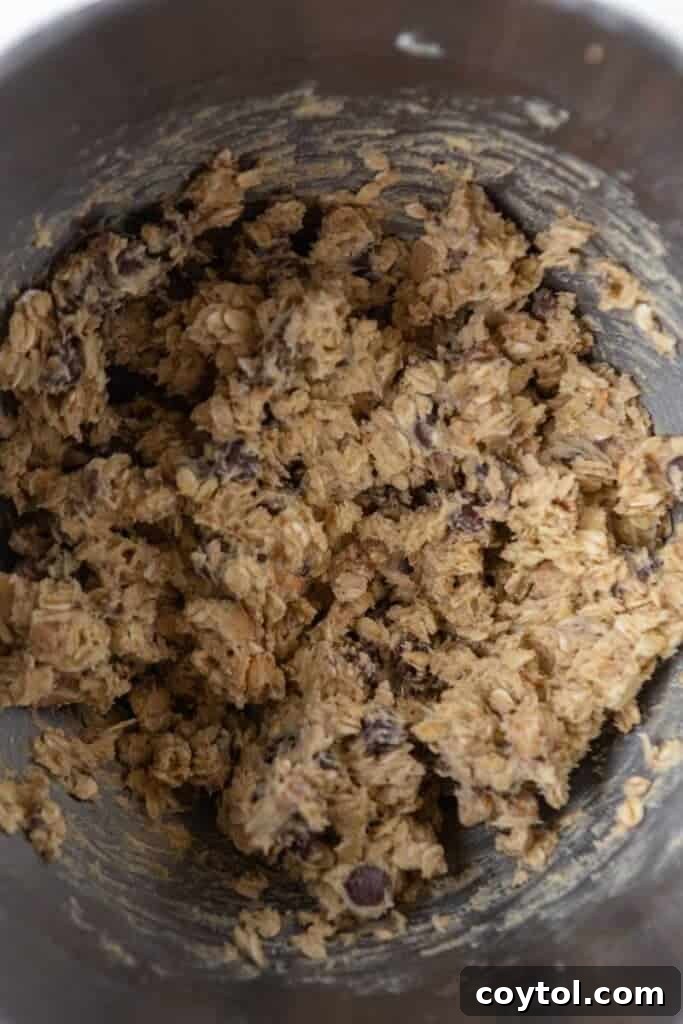 A bowl of oatmeal cookie dough ready for scooping.
