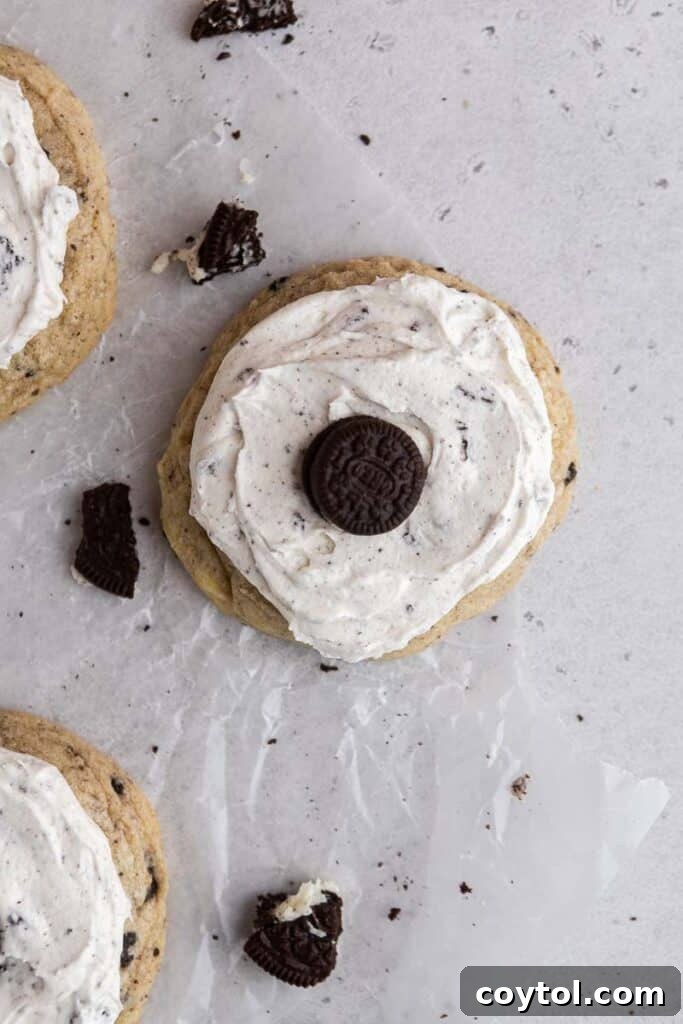Creamy Cookies and Cream Milkshake Cookie 10 Overhead shot of Crumbl cookies and cream cookies