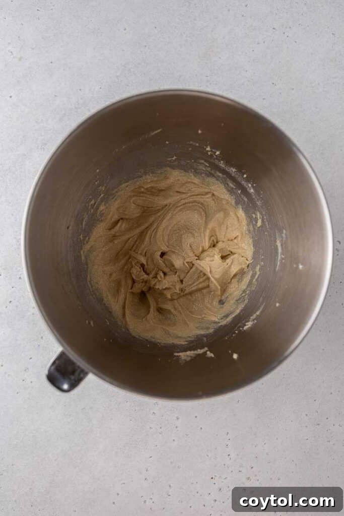 Golden Frosted Cinnamon Fry Bread Cookies 5 Step-by-step: Eggs and vanilla extract added to creamed butter mixture, blending smoothly.