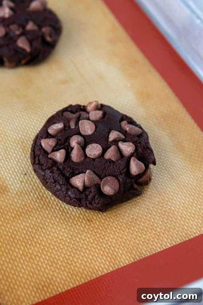 Thick Dark Dream Double Chocolate Cookies 8 A freshly baked, thick chocolate chip cookie with a slightly crisp edge and a soft, gooey center, resting on a silicone baking mat.