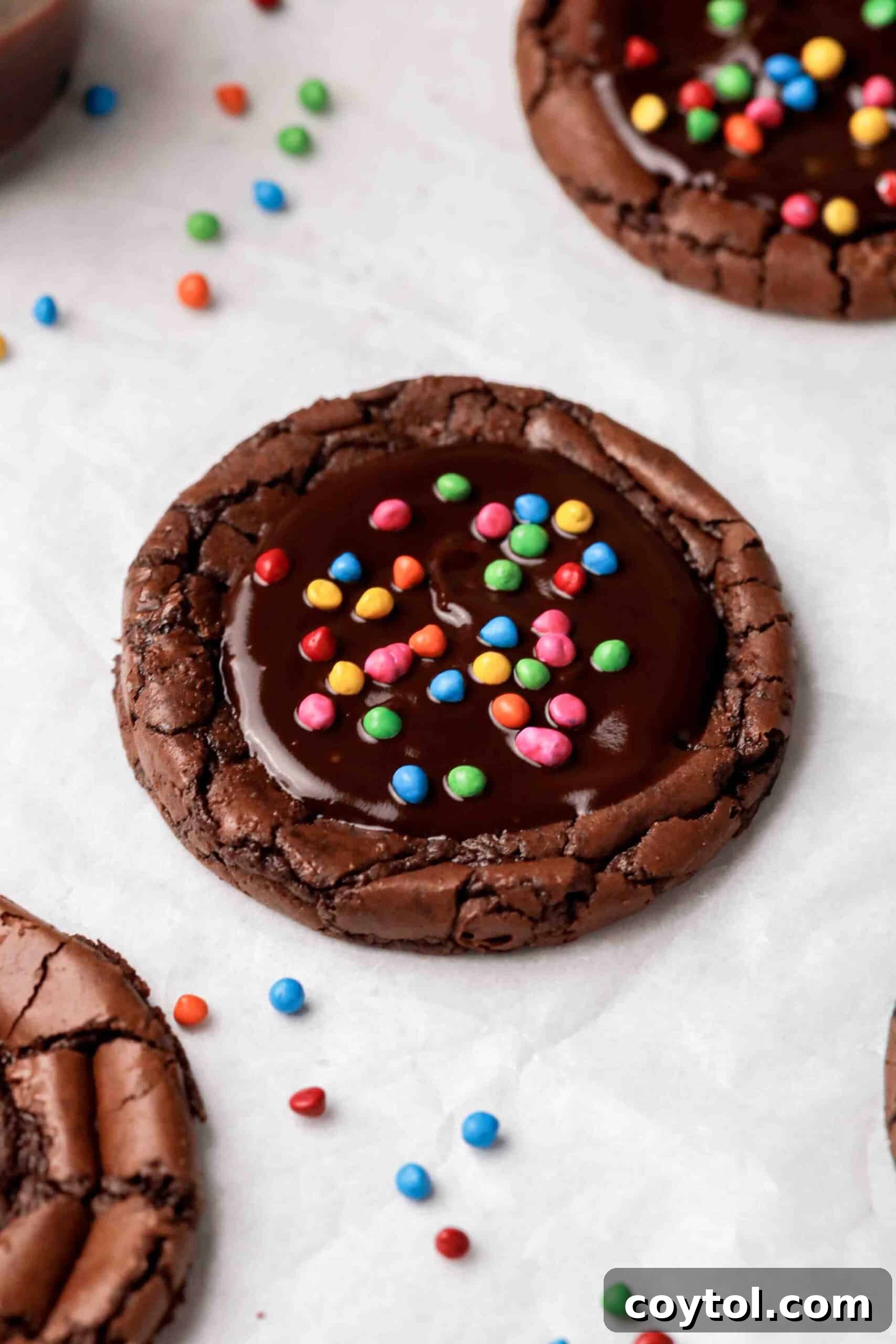 Nostalgic Crumbl-style Cosmic Brownie Cookies, topped with rich chocolate ganache and vibrant rainbow candy sprinkles.