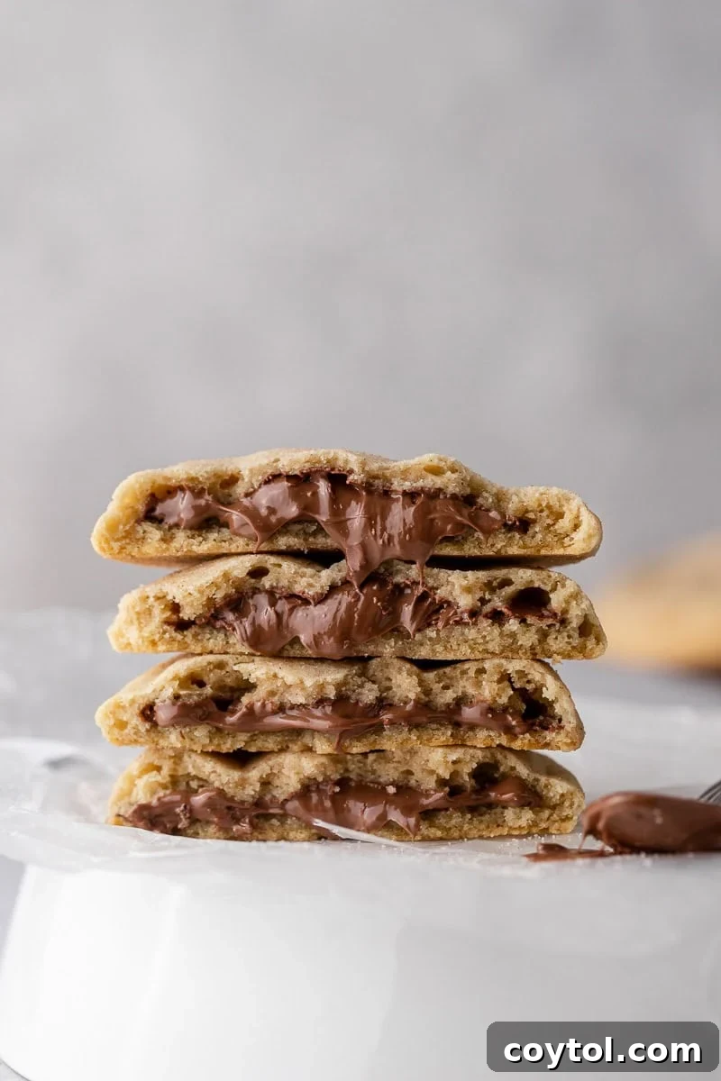 Tempting Crumbl-style Hazelnut Churro Cookies, stuffed with creamy Nutella spread and rolled in cinnamon sugar.