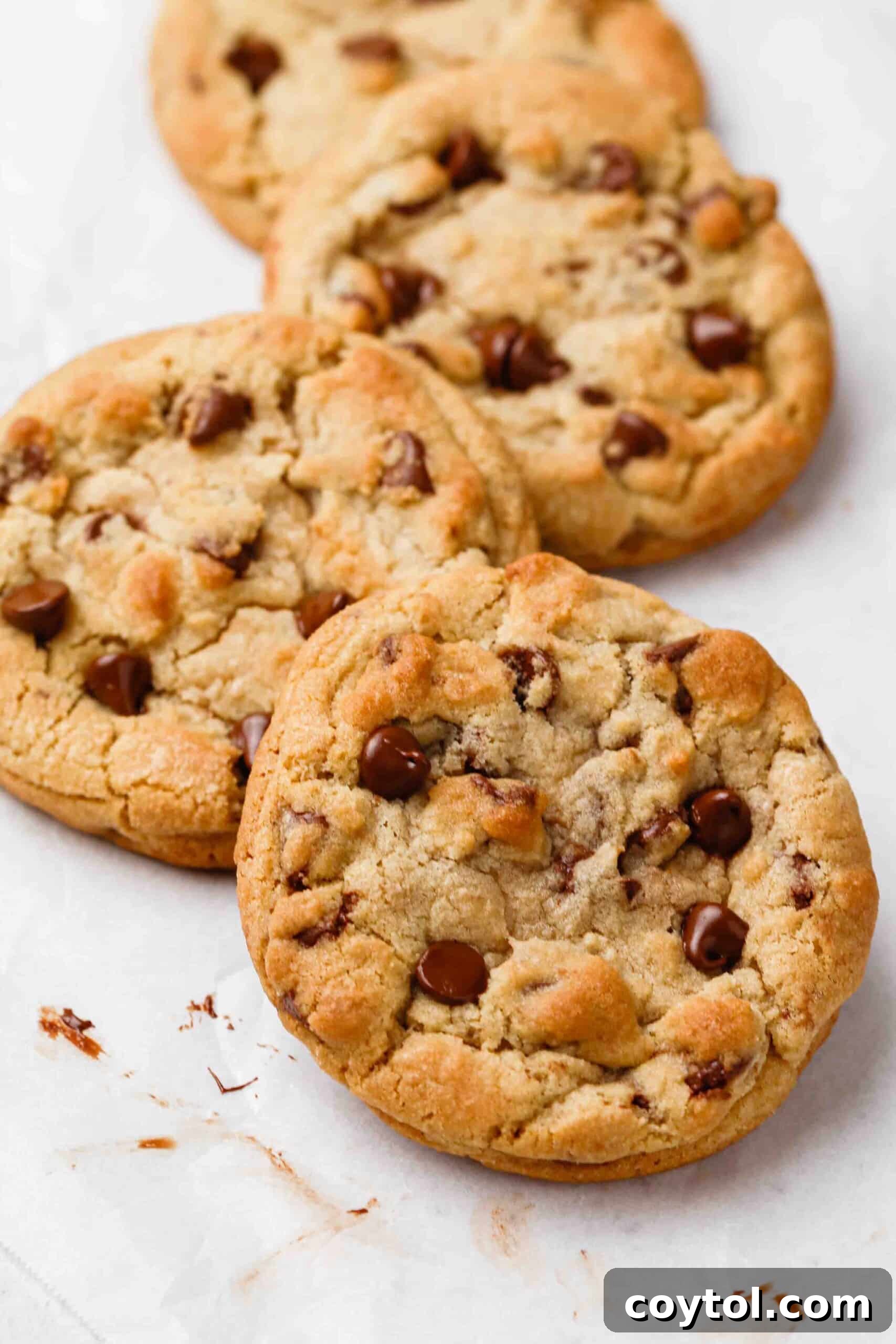 A giant, warm Crumbl-style milk chocolate chip cookie, perfectly soft and chewy, with melty chocolate chips.