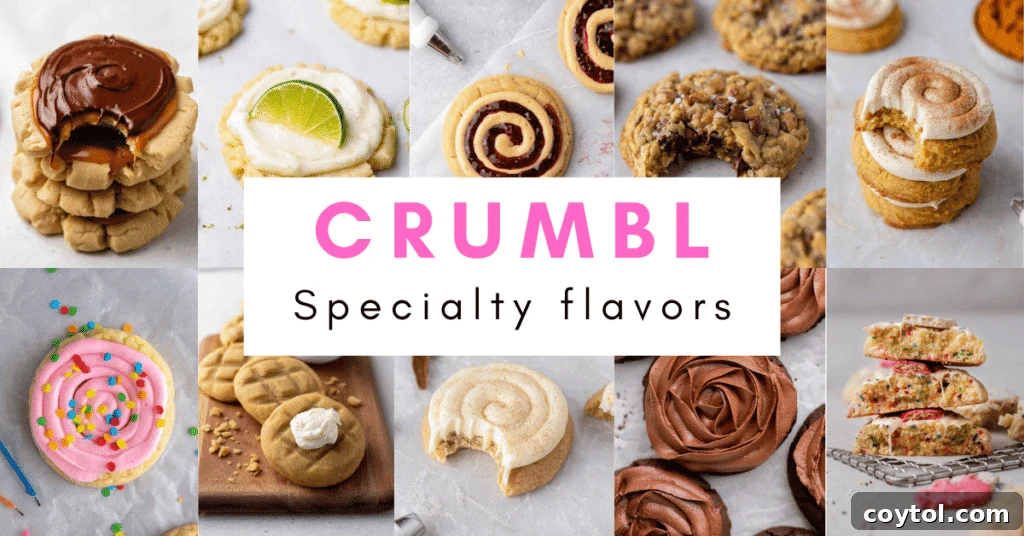 An appetizing spread of diverse Crumbl-style specialty flavors, showcasing unique toppings and vibrant colors, perfect for adventurous palates.
