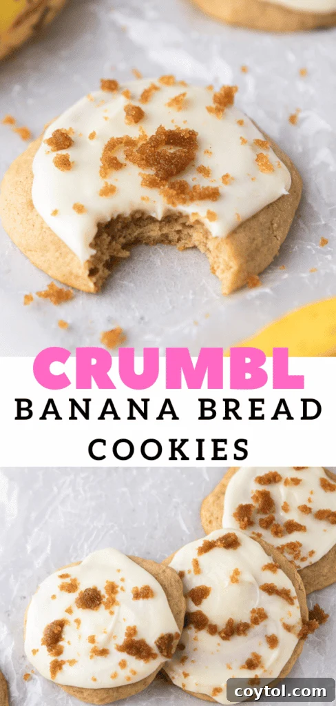 A stack of several Crumbl banana bread cookies, showing their soft texture and generous glaze.