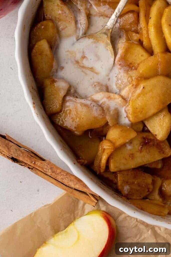 Close up of a warm fall dessert with baked apples