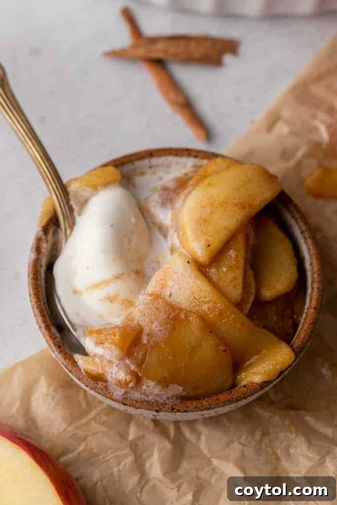 Cinnamon apples with a scoop of vanilla ice cream