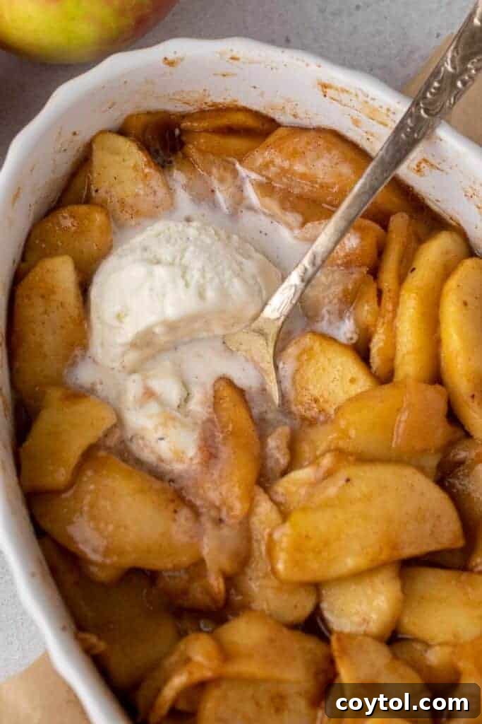 Overhead view of apple dessert with ice cream