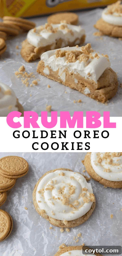 Close-up of a Crumbl Golden Oreo cookie with frosting, ideal for Pinterest