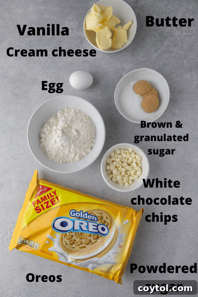 Key ingredients for Crumbl Golden Oreo cookies laid out on a white surface