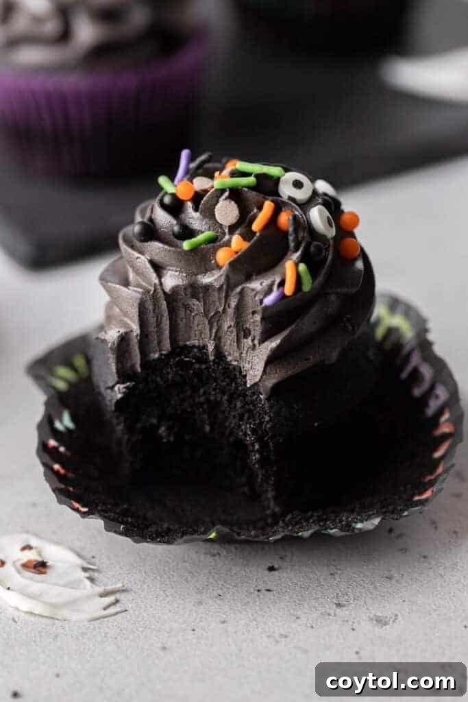 Spooky Black Velvet Monster Cupcakes 15 Black velvet cupcake close up showing moist crumb