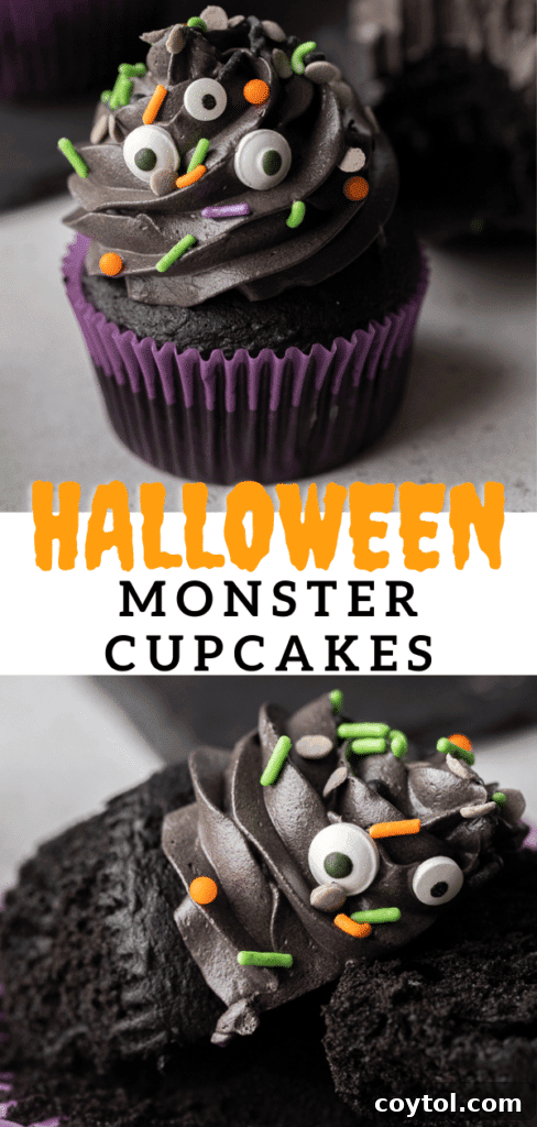 Spooky Black Velvet Monster Cupcakes 20 Black velvet monster cupcakes for Halloween party