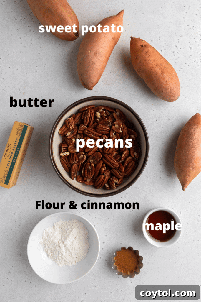 Twice-Baked Pecan Pie Sweet Potatoes 3 Ingredients for pecan pie twice baked sweet potatoes including sweet potatoes, pecans, maple syrup, butter, cinnamon and flour