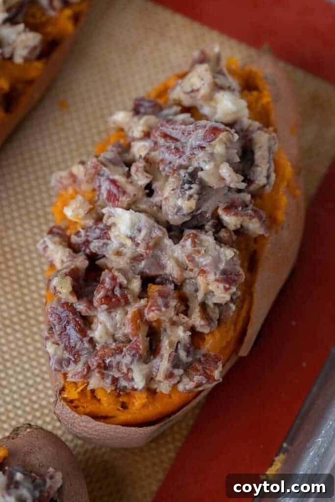 Twice-Baked Pecan Pie Sweet Potatoes 9 Twice baked sweet potatoes topped with pecan streusel before final bake