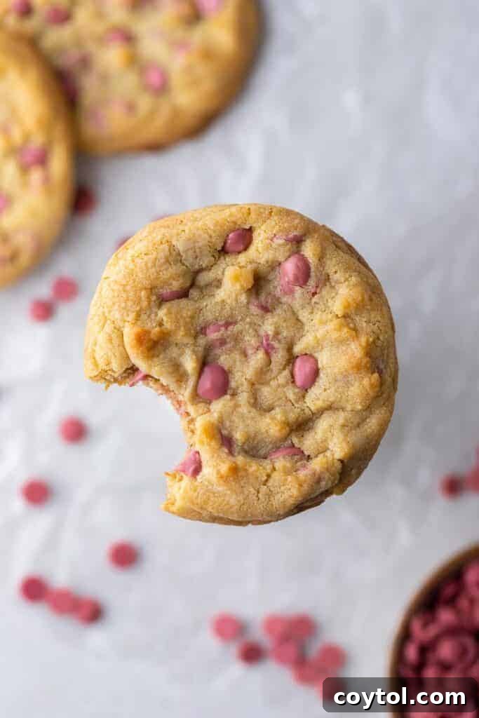 Overhead shot of vibrant pink ruby chocolate cookies with a scattering of ruby chocolate chips