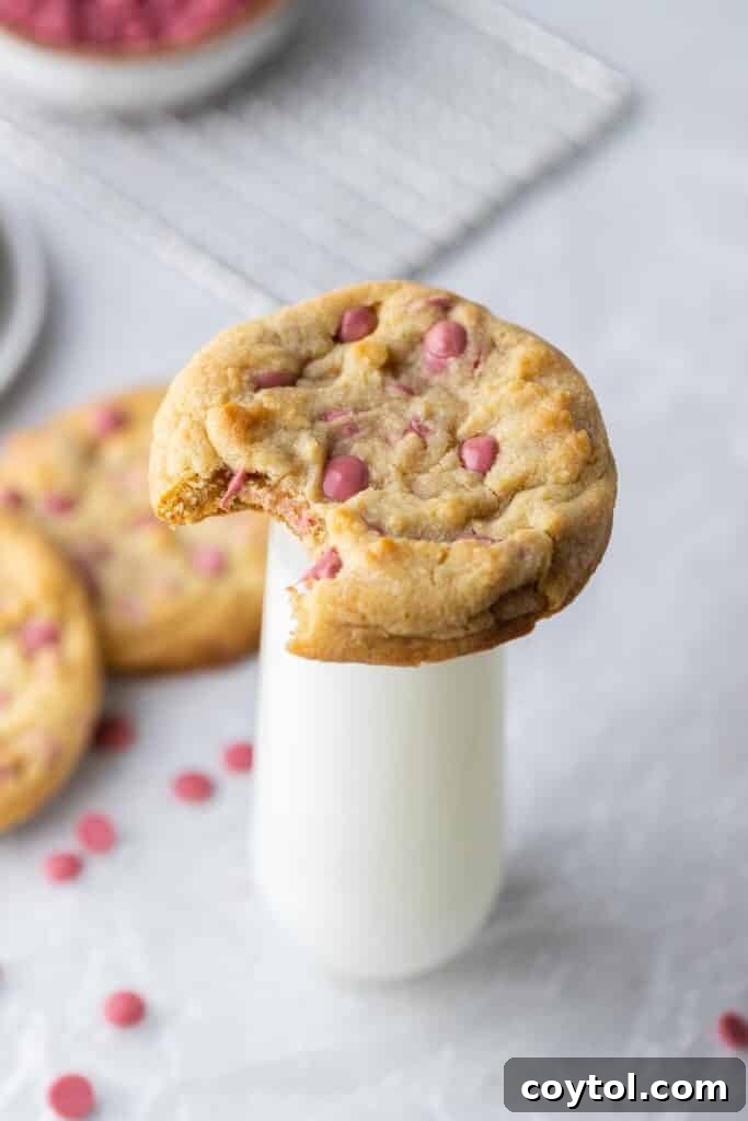 A thick ruby chocolate chip cookie resting on a glass of milk