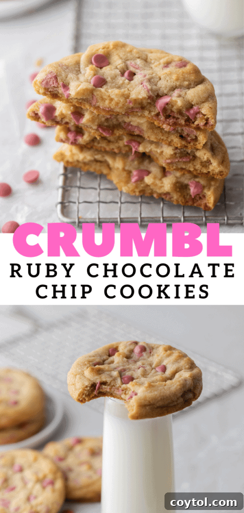 Pinterest pin graphic for Crumbl copycat ruby chocolate chip cookie recipe