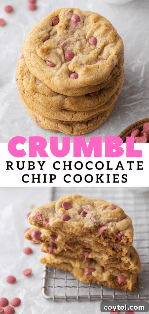 Another Pinterest pin graphic showcasing Crumbl style ruby chocolate chip cookies