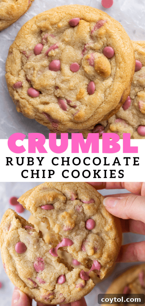 Third Pinterest pin graphic for homemade ruby chocolate chip cookie recipe