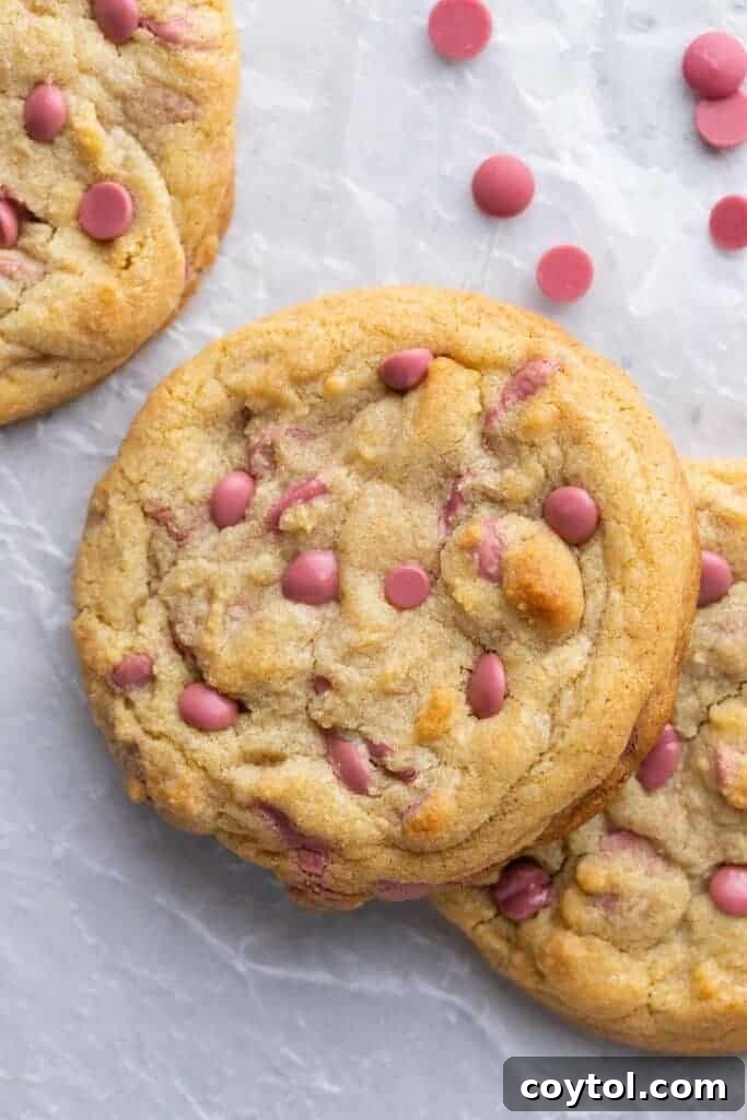 Overhead shot of thick, perfectly round ruby chocolate chip cookies on a cooling rack