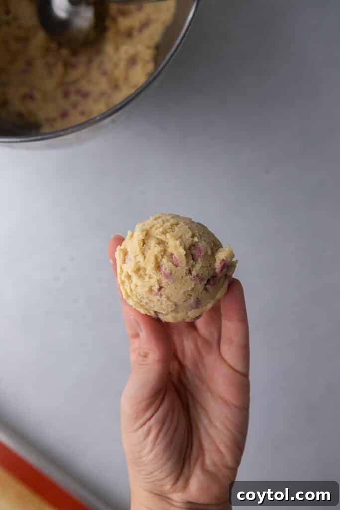 Hand holding a scooped cookie dough ball