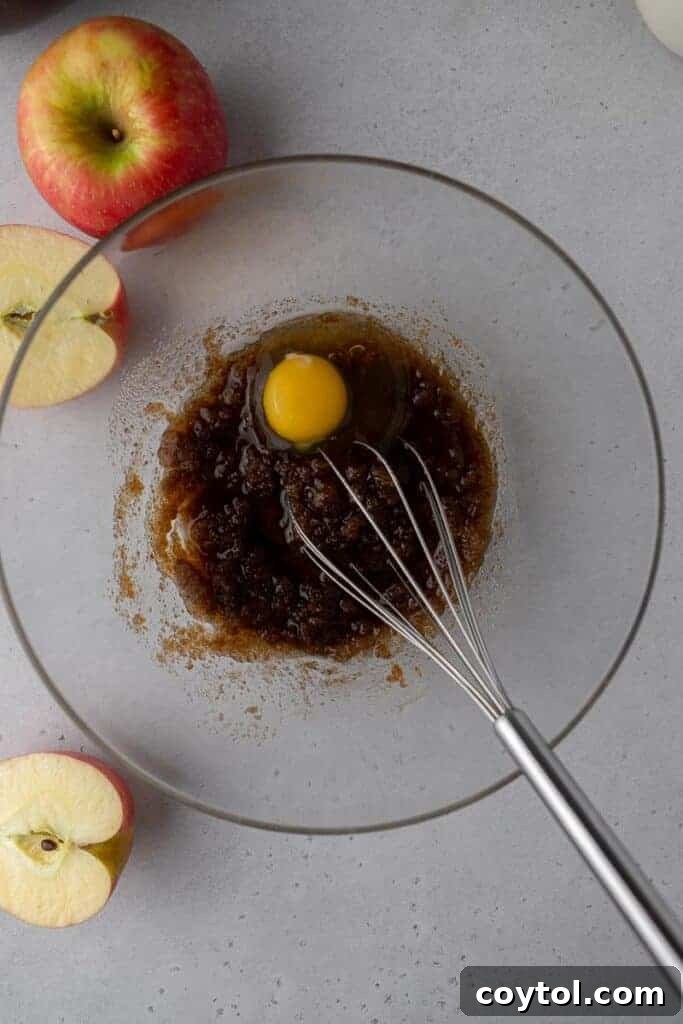 A fresh egg being gently added to the already mixed sugars and oil in a bowl, demonstrating a crucial step in creating the rich and tender cake batter for the apple cider bundt cake.