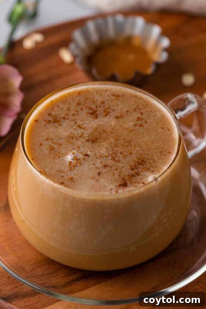 Golden Honey Oat Milk Latte: Hot or Iced 2 Honey oat milk latte Starbucks copycat coffee drink served in a glass mug, garnished with a cinnamon stick.