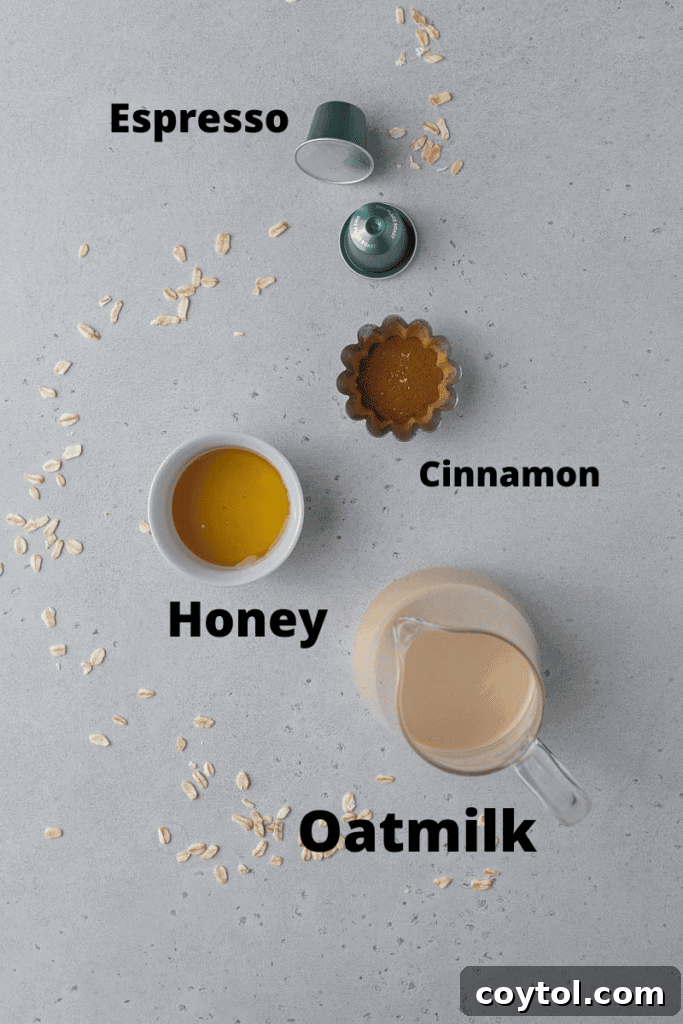 Golden Honey Oat Milk Latte: Hot or Iced 3 Ingredients including espresso pods, honey, oat milk, and cinnamon arranged on a light surface, ready for a delicious honey oat milk latte.