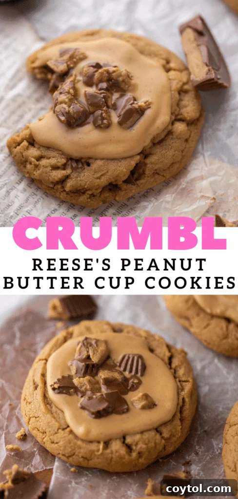 Crumbl Peanut Butter Reese’s cookies - a stack of three cookies with melty topping and chopped Reese's.