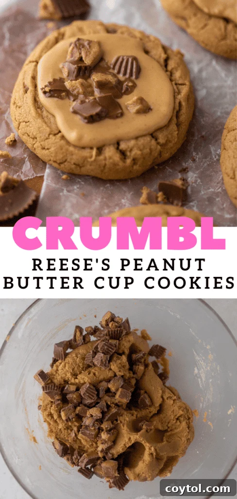 Crumbl Peanut Butter Reese’s cookies - a single cookie on a white background, highlighting its topping.