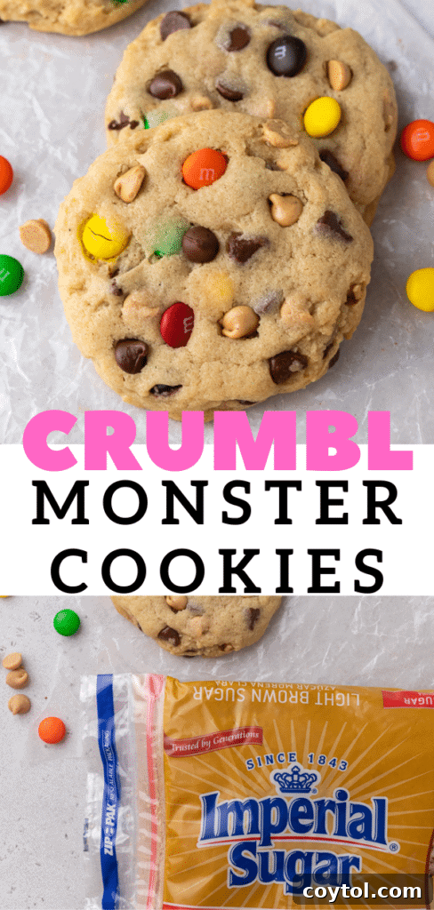 Close-up of a stack of homemade Crumbl Monster Cookies with colorful M&M's, ideal for Pinterest sharing.