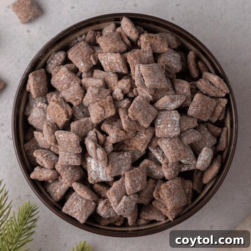 Bowl of classic muddy buddies (puppy chow) coated in powdered sugar and chocolate-peanut butter