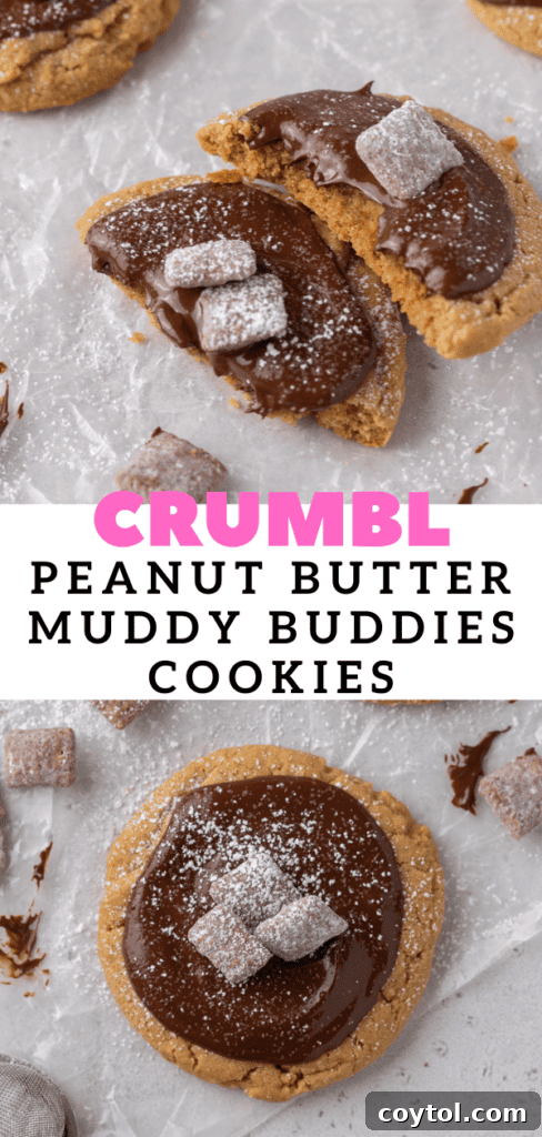 A close-up shot of the Crumbl Muddy Buddies cookie, highlighting its textures