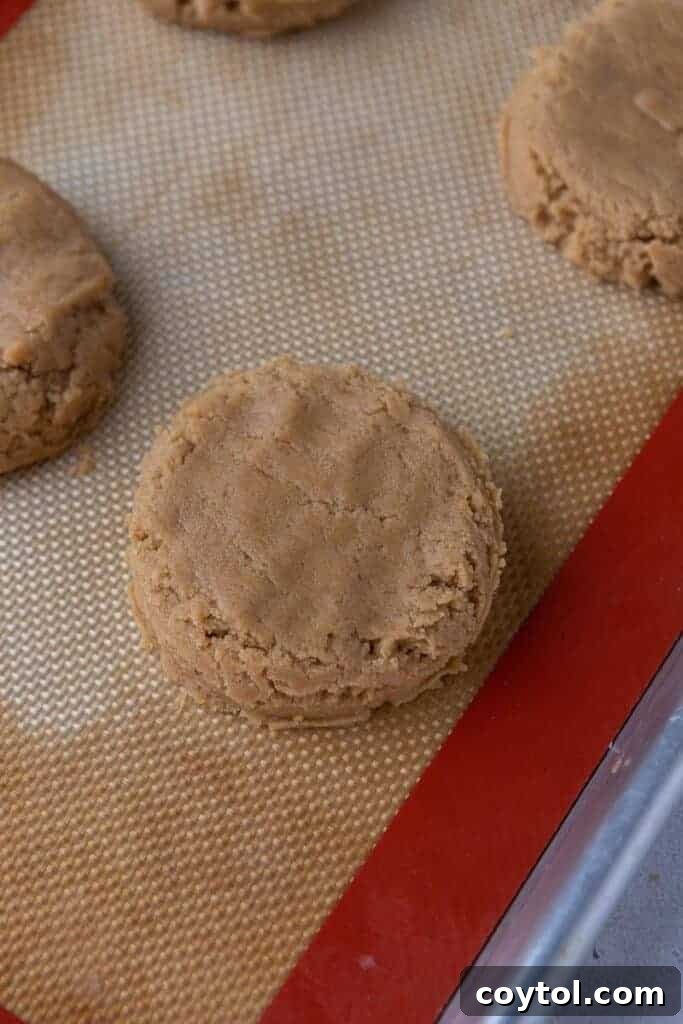 Flattened peanut butter cookie dough discs ready for baking