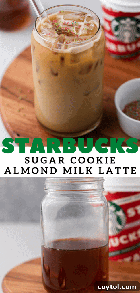 Homemade Starbucks Sugar Cookie Latte with Almond Milk 12 A close-up of a Starbucks Iced Sugar Cookie Almond Milk Latte, highlighting its creamy texture and sprinkles.