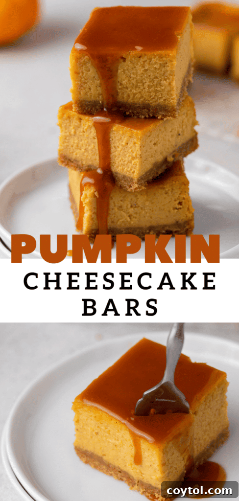 A trio of pumpkin cheesecake bars on a white surface, ready to be served.