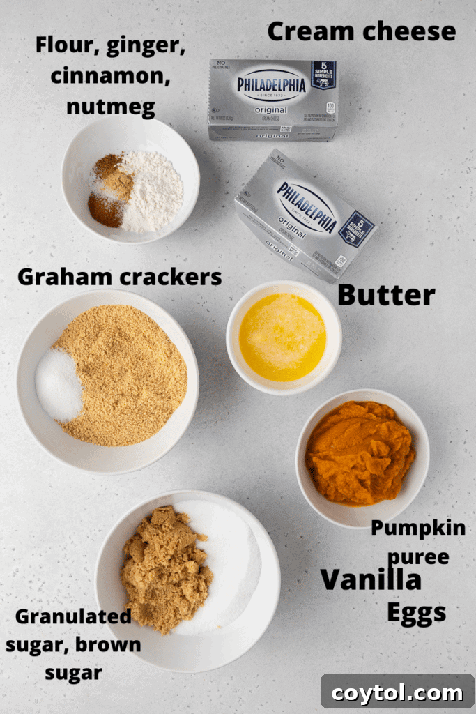 Arrangement of fresh pumpkin, cream cheese, graham crackers, and spices, showing the core ingredients for the pumpkin cheesecake bars.