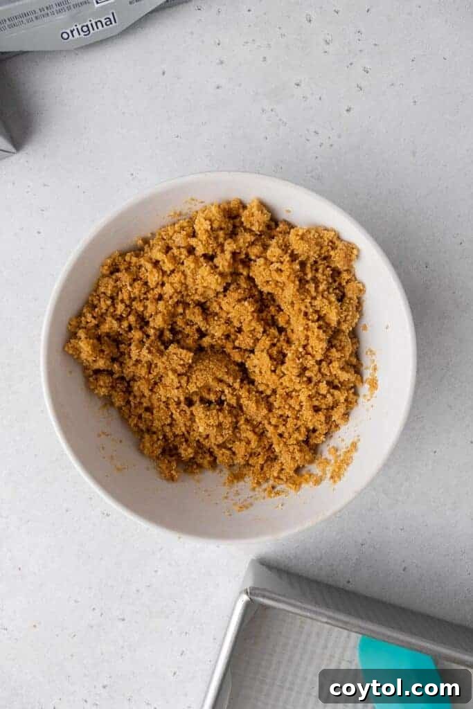 Graham cracker crust mixture ready to be pressed into the pan.
