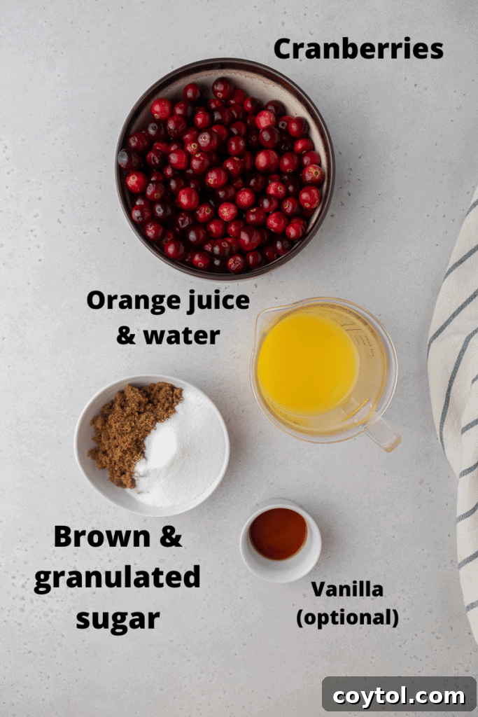 Fresh ingredients laid out for making cranberry orange sauce: cranberries, oranges, and sugars.