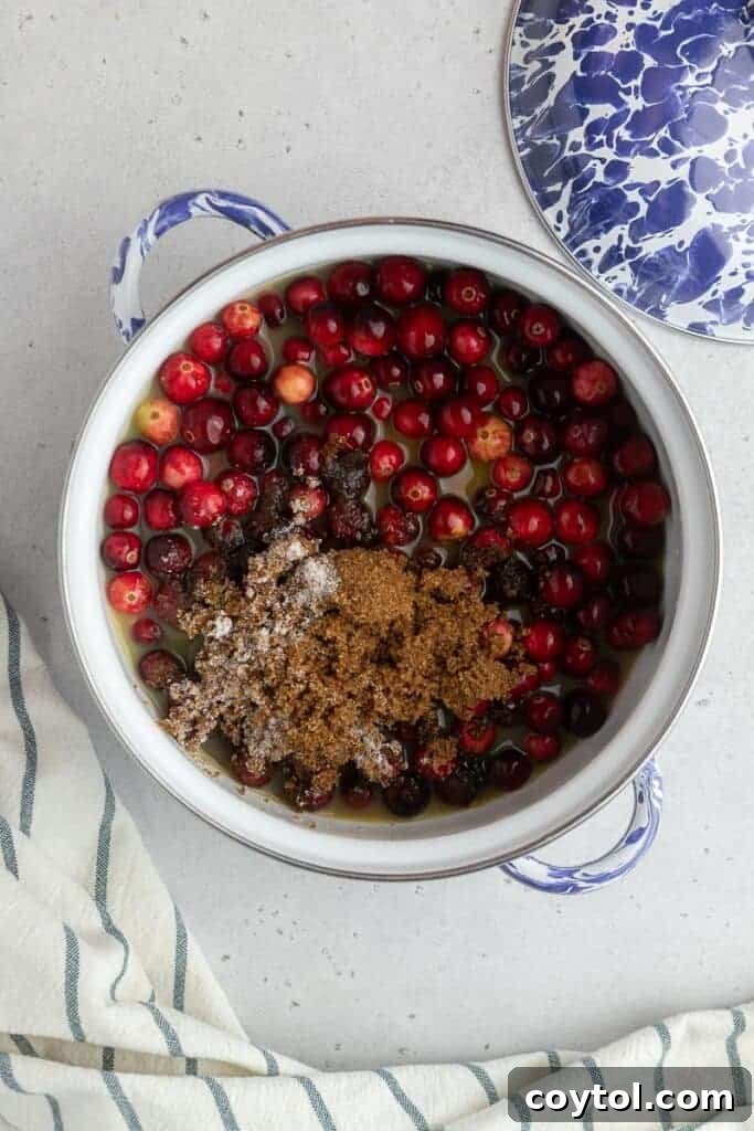 Cranberry sauce ingredients simmering in a medium pot.