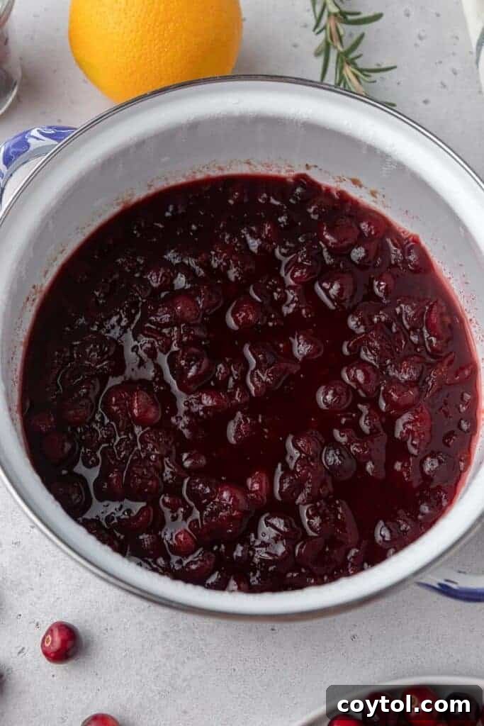 Close-up of cranberry sauce bubbling gently in a pot on the stove.