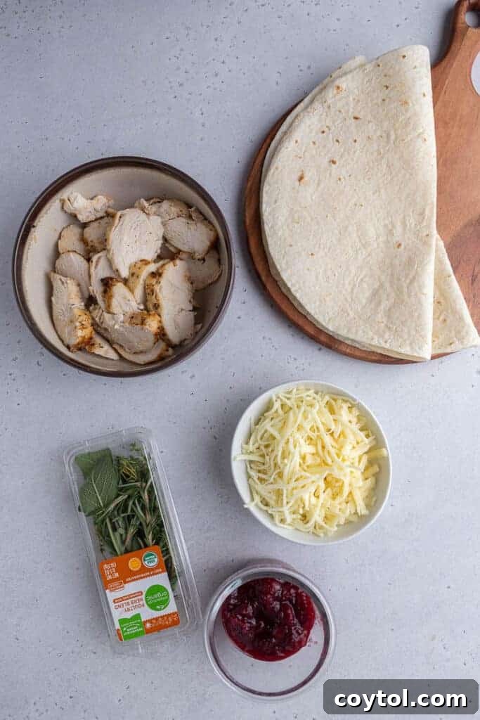 Ingredients for Turkey quesadillas with leftover thanksgiving ingredients, neatly arranged