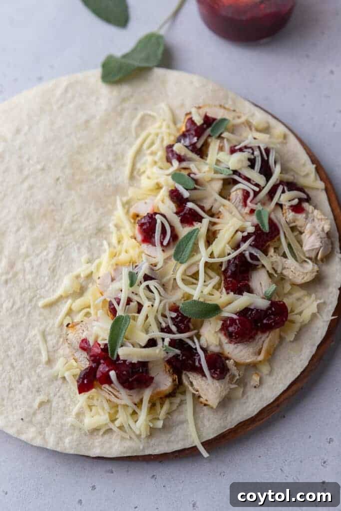 Open faced quesadilla, showing the delicious layers of turkey, cranberry, and cheese before folding