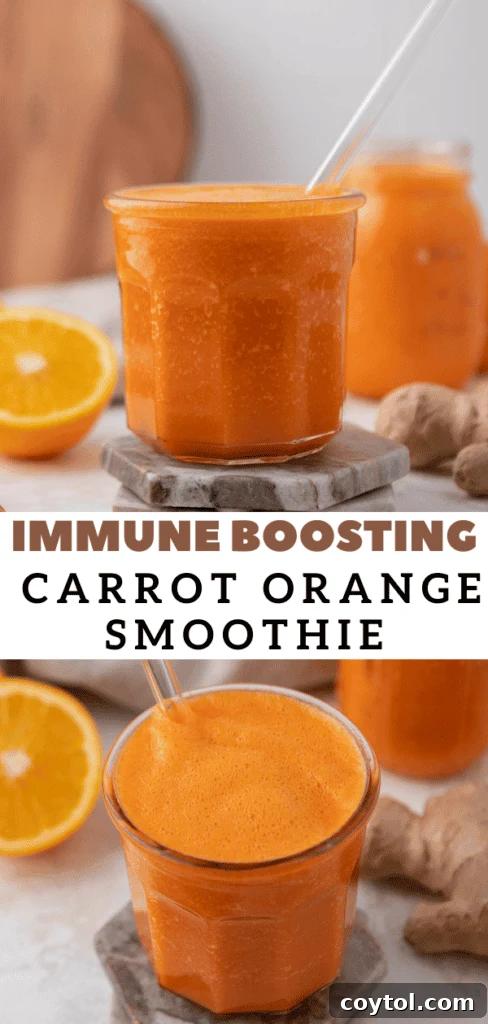 Golden Glow Immune Support Smoothie 10 A vertical pin image featuring a refreshing ginger carrot orange smoothie, perfect for immune support and digestion.