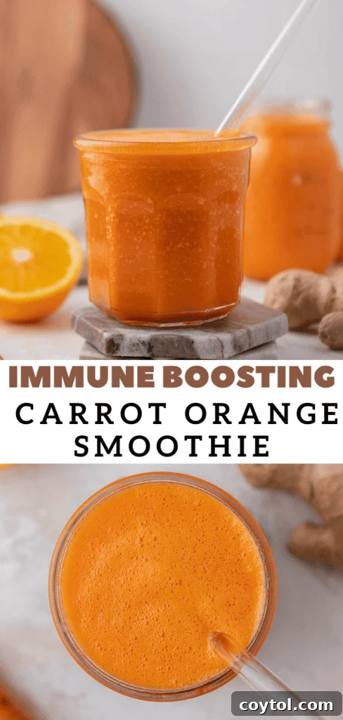 Golden Glow Immune Support Smoothie 11 Another vertical pin image showcasing the healthy and vibrant ginger carrot orange smoothie, with text overlay for a quick recipe.