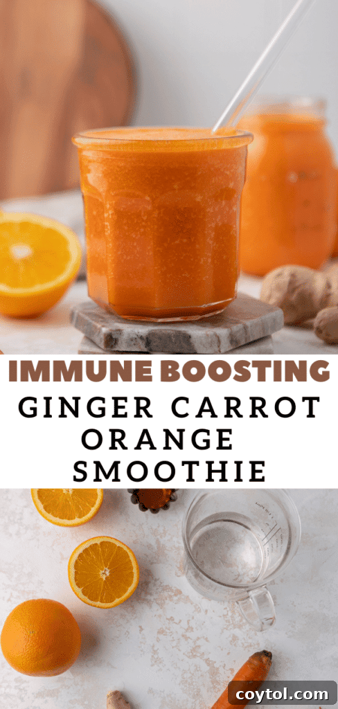 Golden Glow Immune Support Smoothie 12 A third vertical pin image for the ginger carrot orange smoothie, emphasizing its natural ingredients and health benefits.