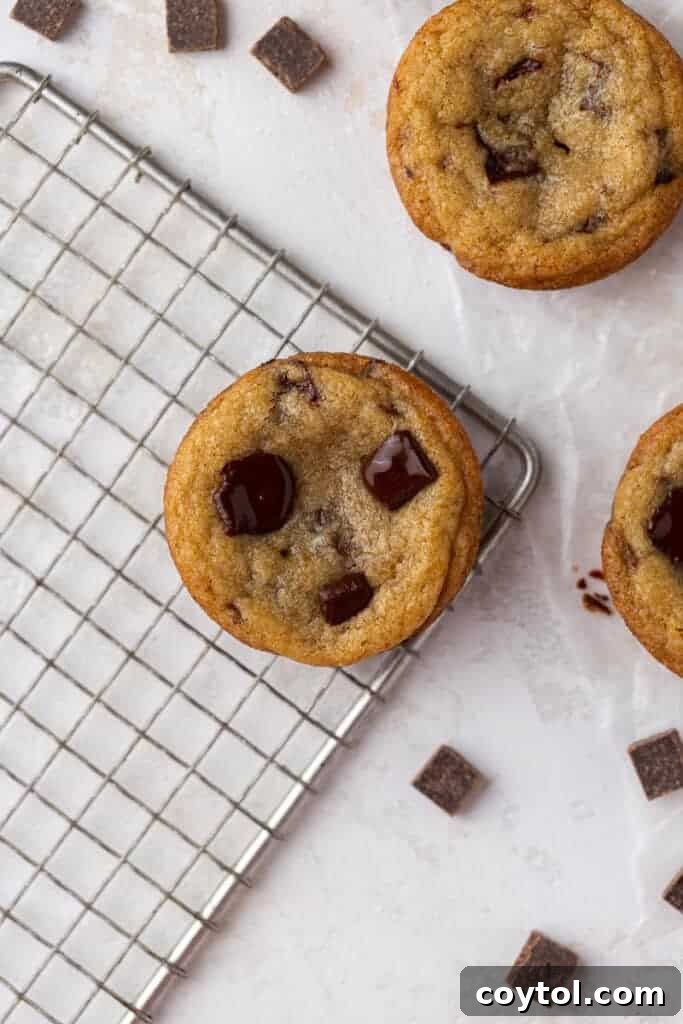 Delightful Mini Crumbl Chocolate Chip Cookie Cups 2 Close-up of freshly baked Crumbl chocolate chip cookie cups, warm and gooey, ready to be served, with visible melted chocolate chunks.