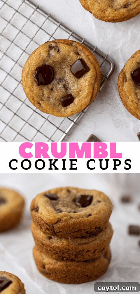 Delightful Mini Crumbl Chocolate Chip Cookie Cups 15 Pinterest graphic featuring warm chocolate chip Crumbl cookie cups with a scoop of ice cream, tempting for a sweet treat.