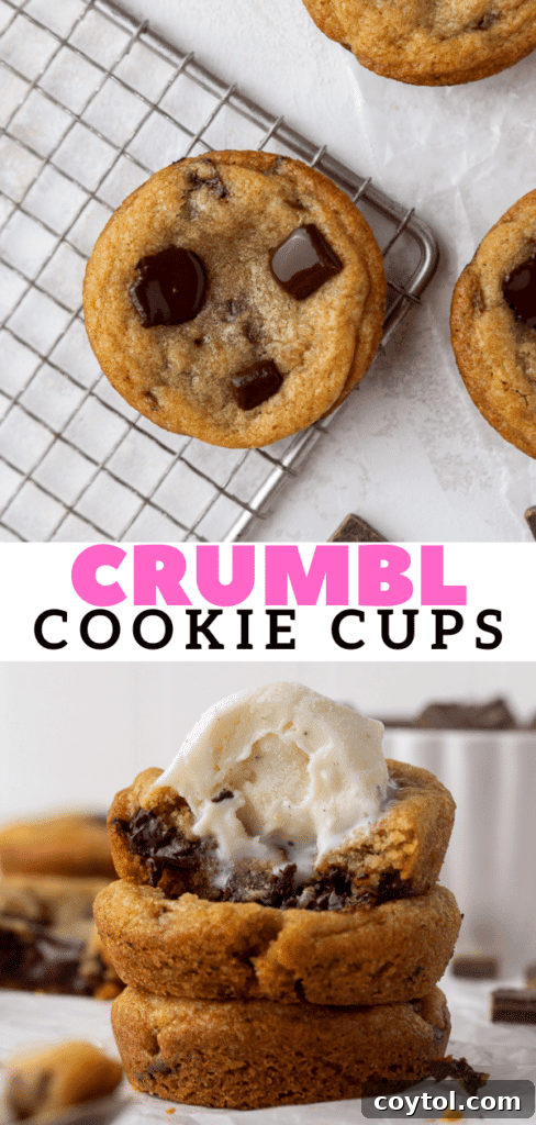 Delightful Mini Crumbl Chocolate Chip Cookie Cups 16 Close-up Pinterest graphic of a single chocolate chunk cookie cup showing its soft, gooey center and melted chocolate, irresistible for any dessert lover.