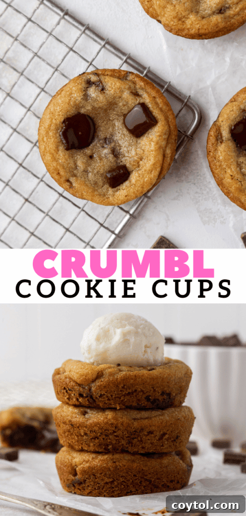 Delightful Mini Crumbl Chocolate Chip Cookie Cups 17 Vertical Pinterest graphic showcasing a stack of homemade Crumbl cookie cups, golden and inviting, perfect for sharing with friends and family.